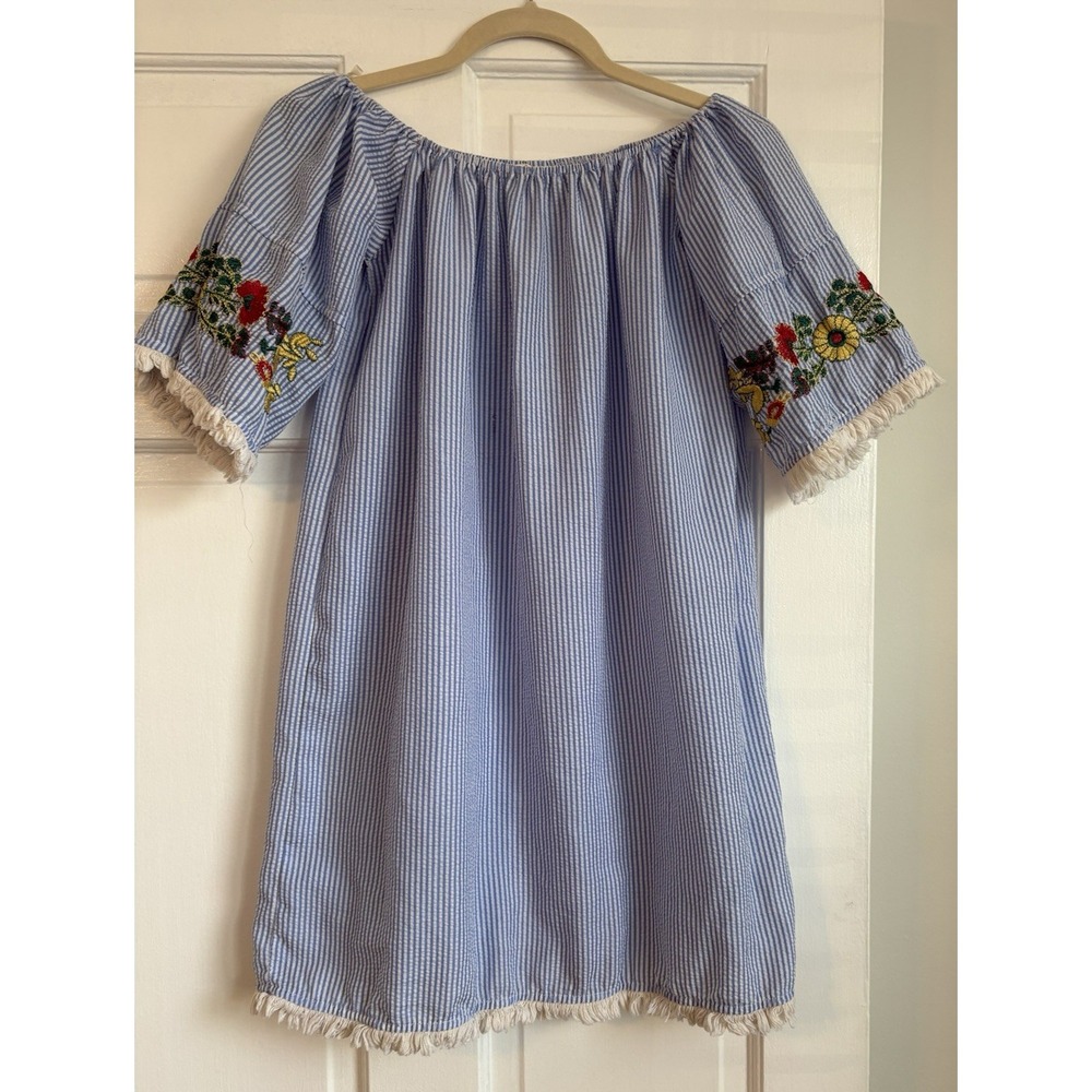 Rebellion Blue White Seersucker Striped Embroidered Fringe Shift Dress Small